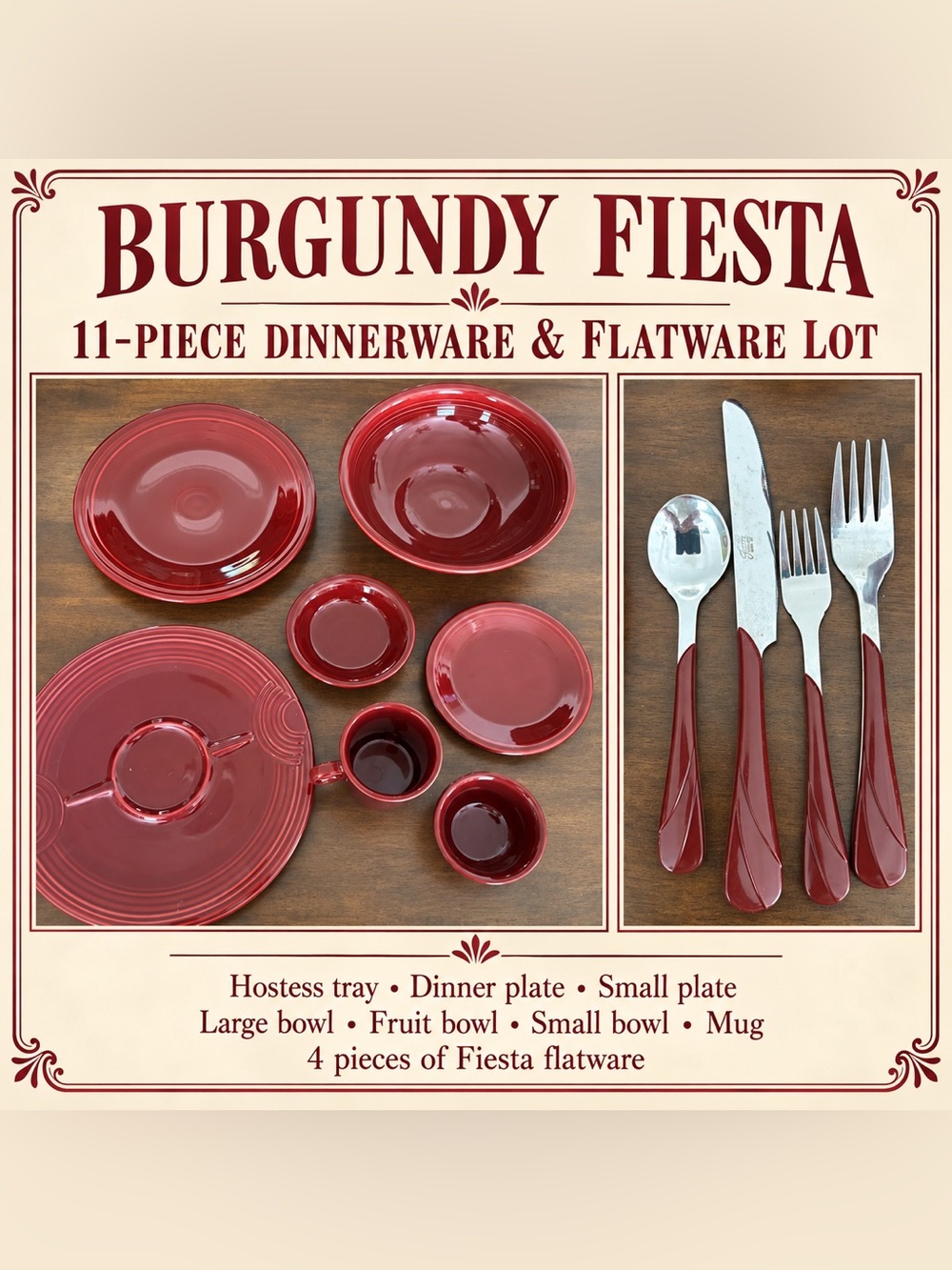 Burgundy Fiesta Dinnerware, Hostess Tray & Flatware – 11 Pieces